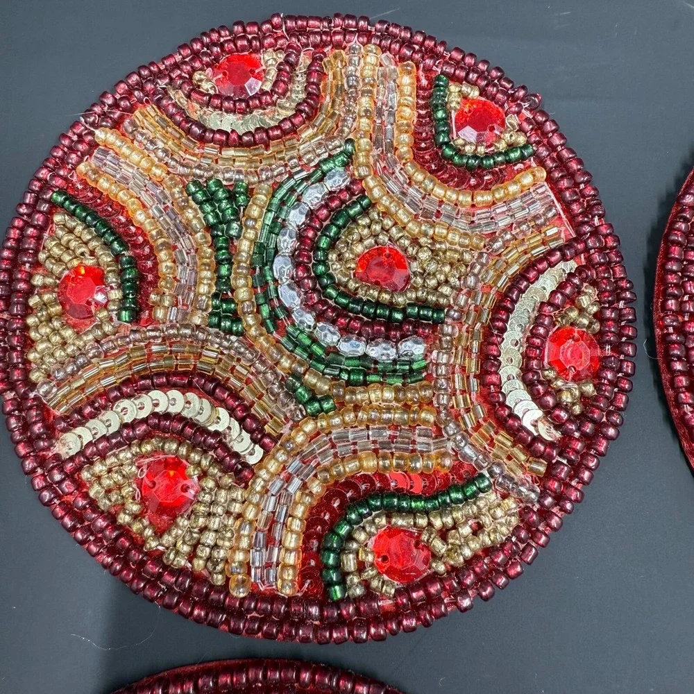 Mackenzie Childs‎ Set of 4 Savoy Holiday Beaded Coasters Red Green Gold